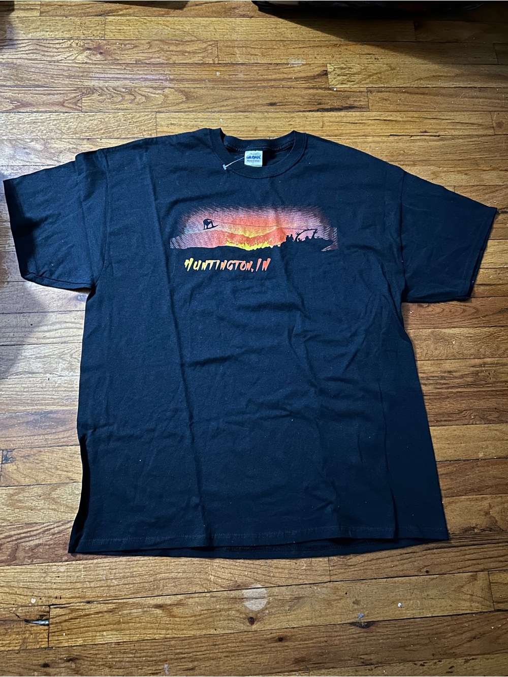 Gildan Black Short Sleeve Tee with Orange-Yellow Sunset Huntington, IN Graphic